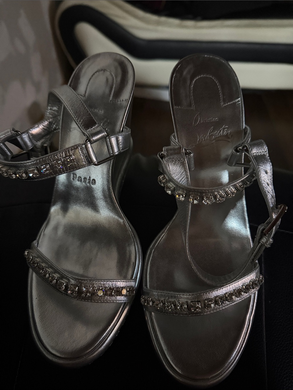 Christian Louboutin Metallic Gray Crystal-Strap Sandals